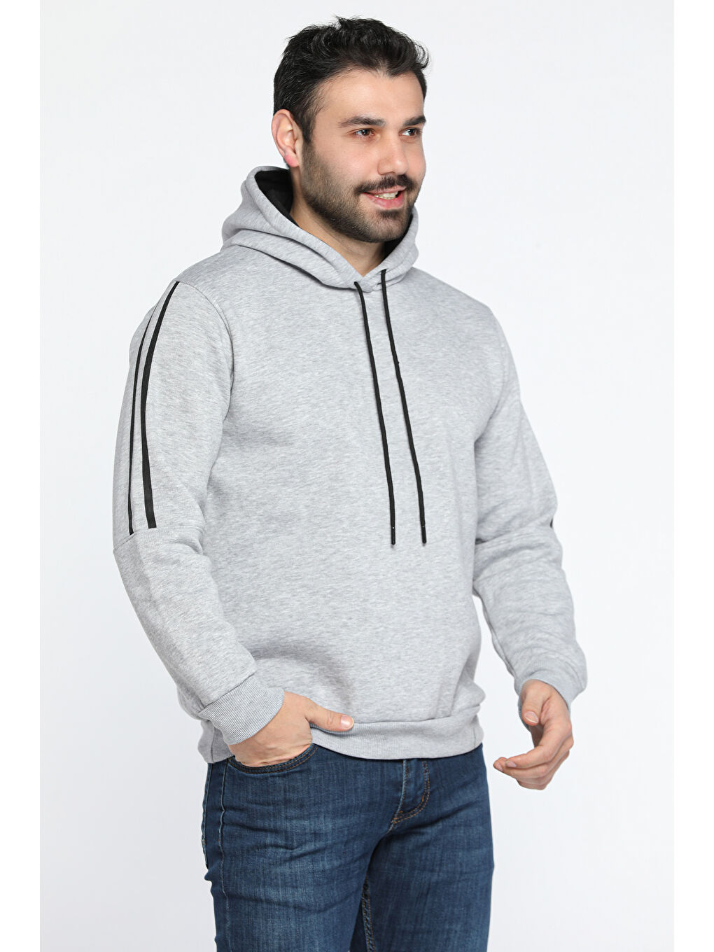 Mishar İtalia Gri Üç İplik Şardonlu Kapüşonlu Erkek Sweatshirt