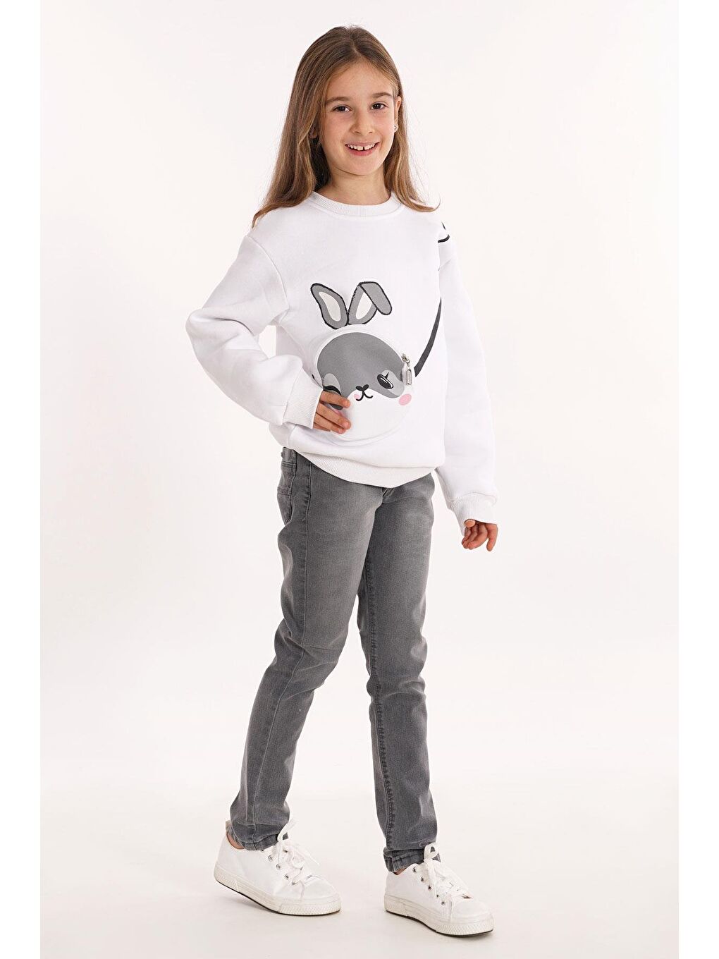 Tavşan Baskılı Çantalı Beyaz Renk Kız Çocuk Sweat