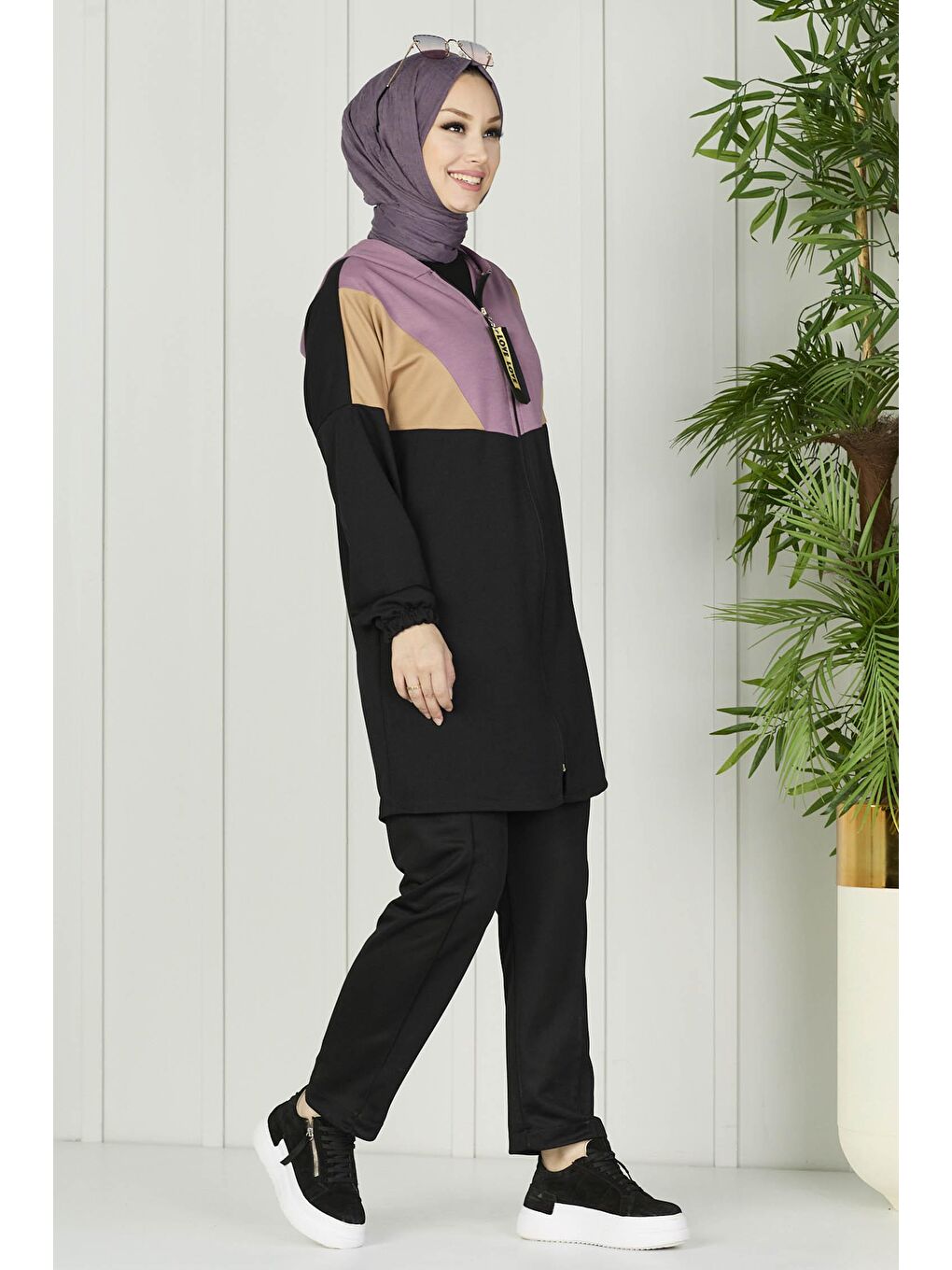 Kapüşonlu Yaka Kadın Lila Tunik Pantolon - 11060-2