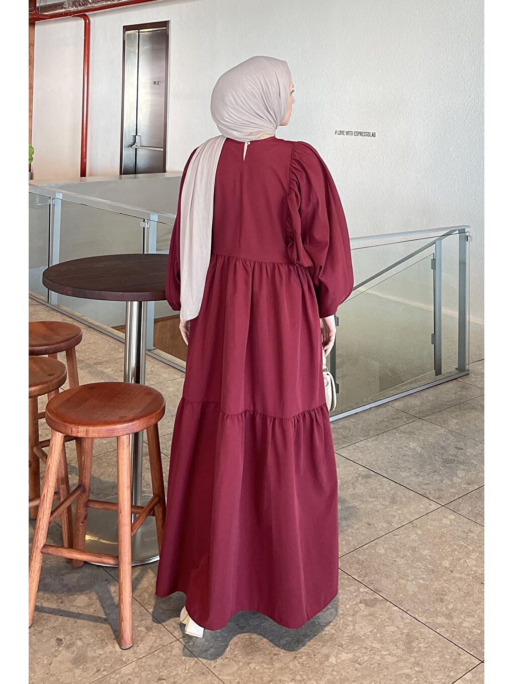 Balon Kol Katlı Yazlık Elbise Bordo-1