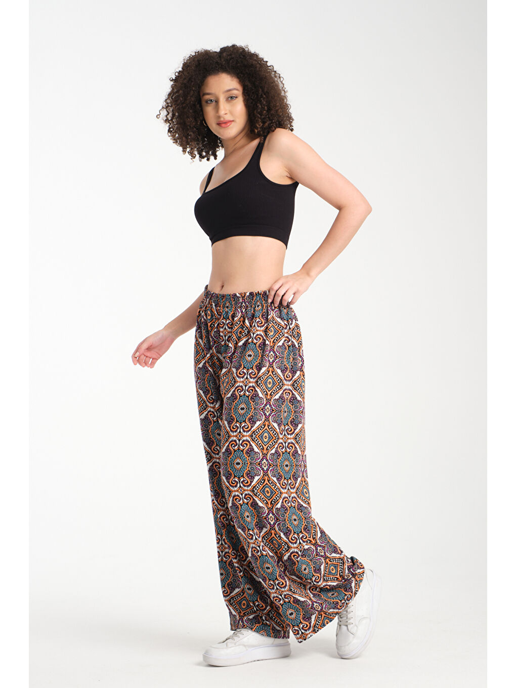 Turuncu Kadın Desenli Dökümlü Viskon Pantolon 1063-1