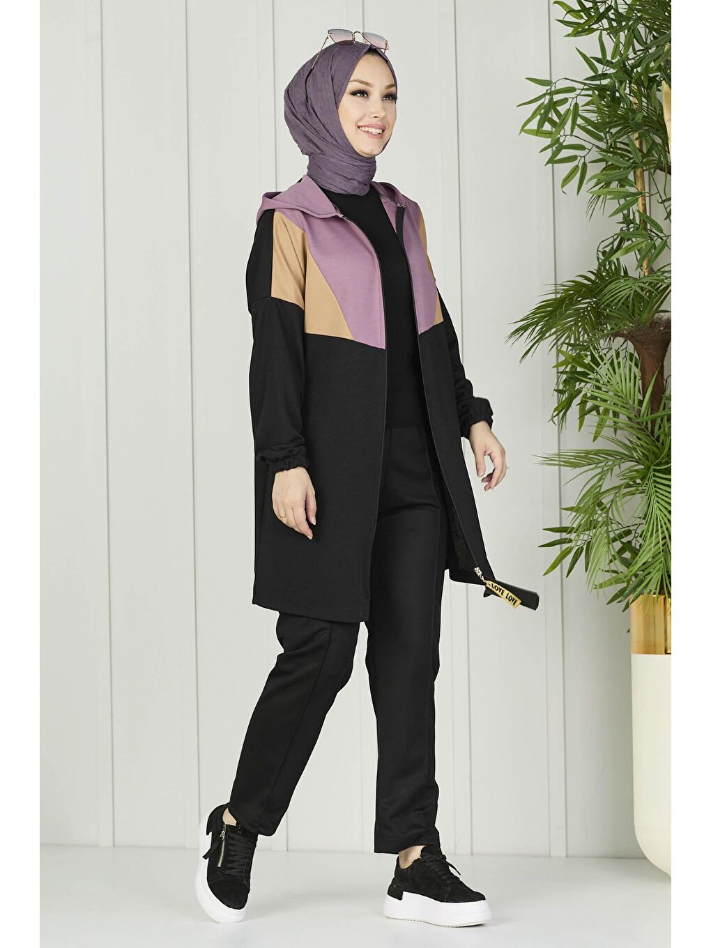 Kapüşonlu Yaka Kadın Lila Tunik Pantolon - 11060-3