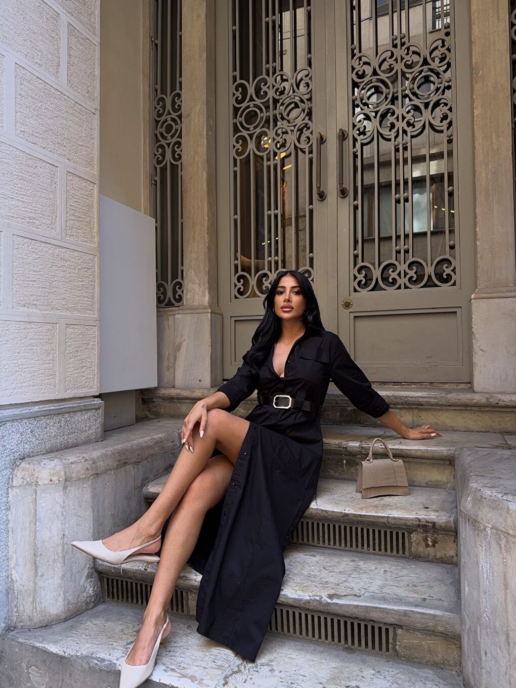 Çift Cep Detay Gömlek Elbise Siyah-3