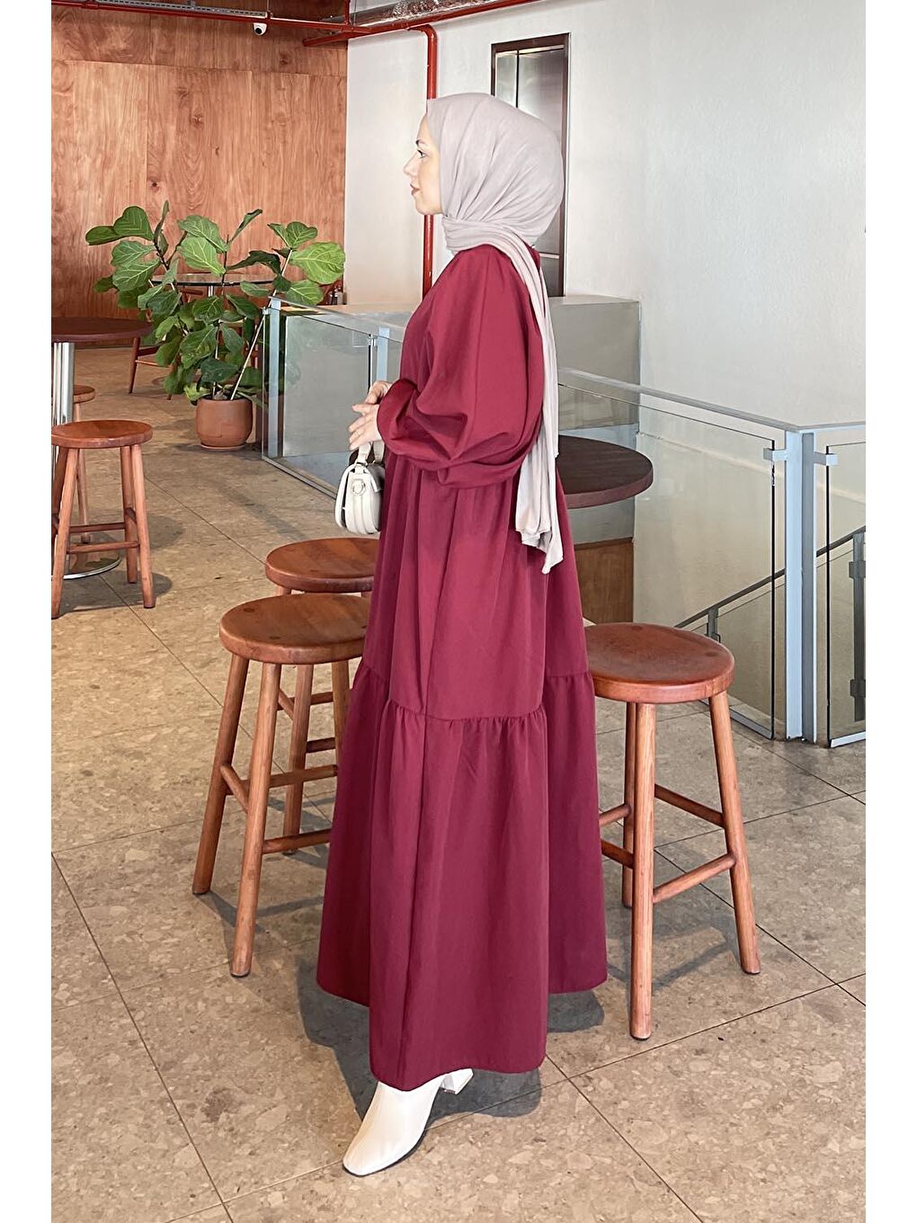 Balon Kol Katlı Yazlık Elbise Bordo-3