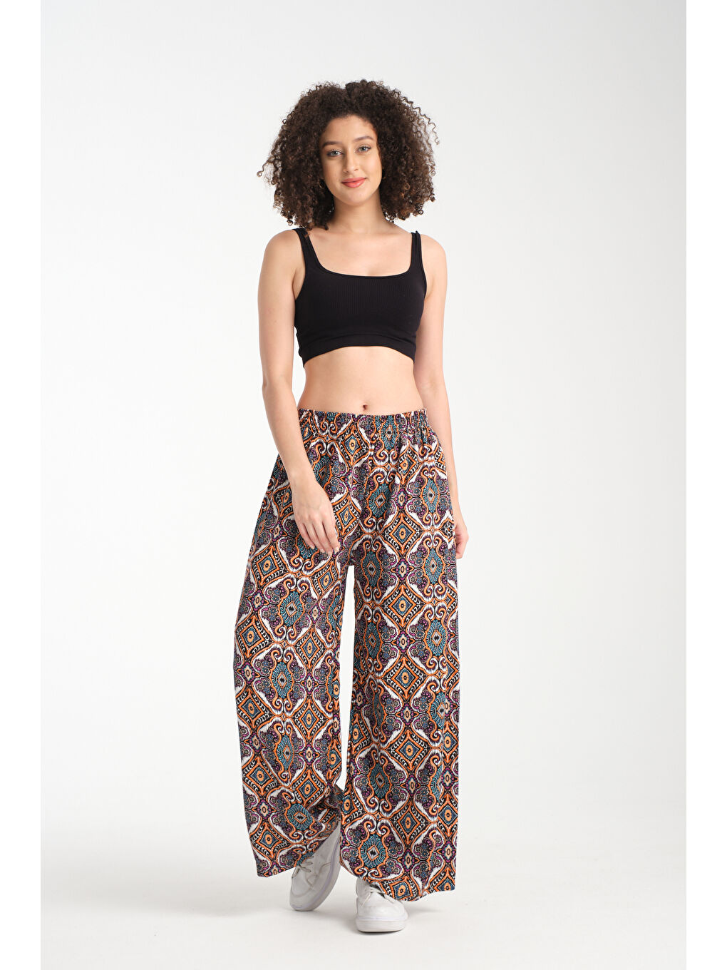 Turuncu Kadın Desenli Dökümlü Viskon Pantolon 1063-4