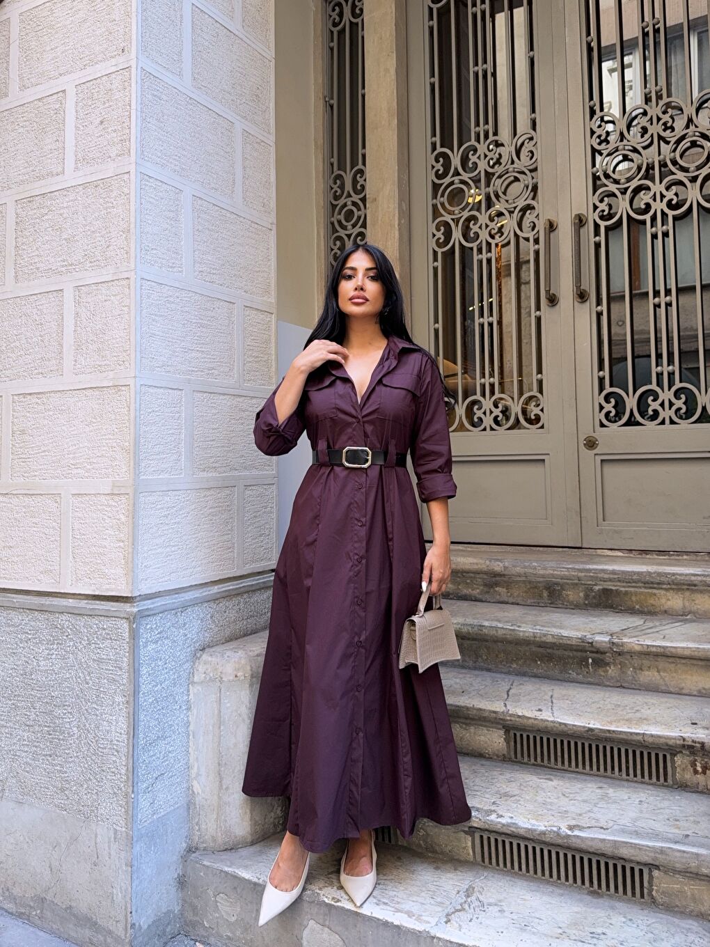 Bordo Çift Cep Detay Gömlek Elbise Mürdüm