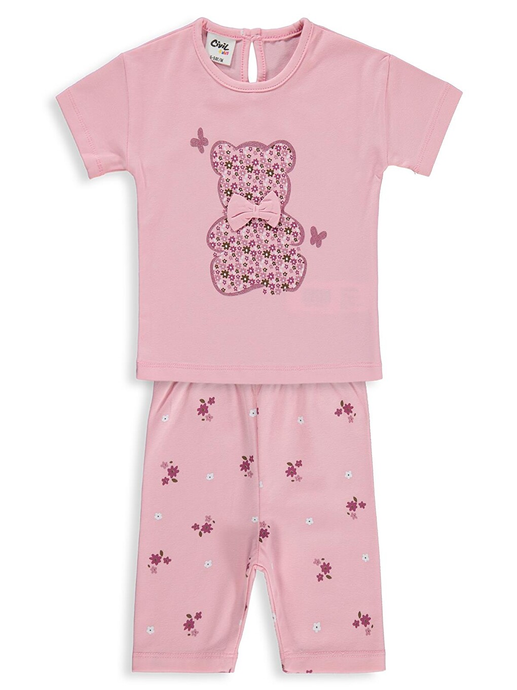 Baby Ayıcık Baskılı Fiyonklu 6-18 Ay Takım - Pembe