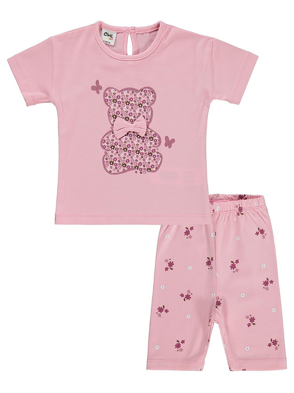 Baby Ayıcık Baskılı Fiyonklu 6-18 Ay Takım - Pembe-1