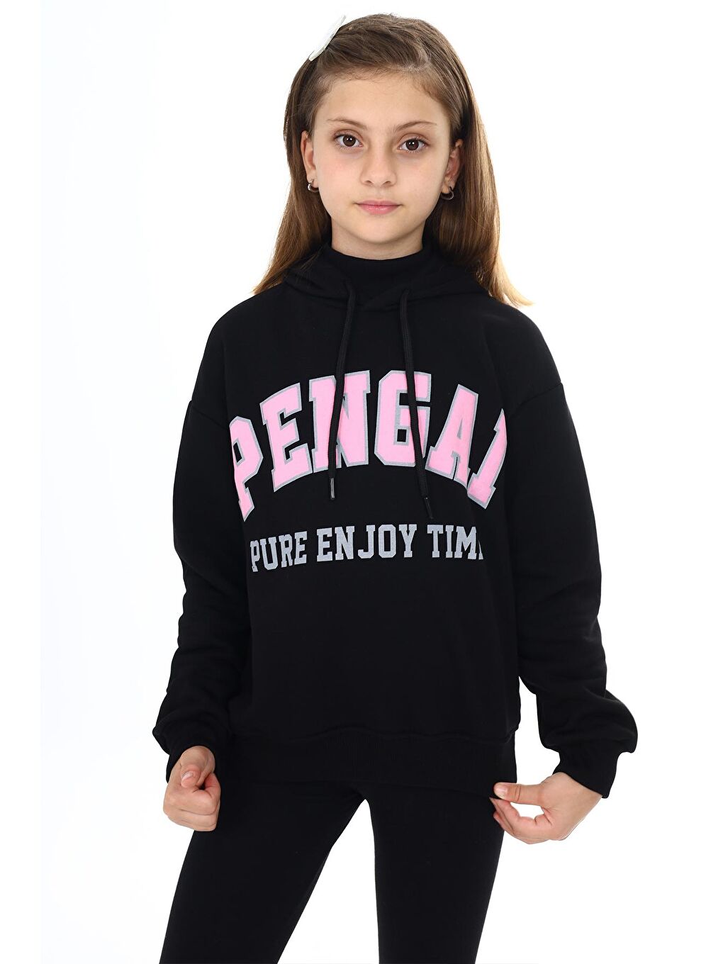 Pengai Siyah Yazı Baskı Polarlı Kız Çocuk Sweatshirt 18328