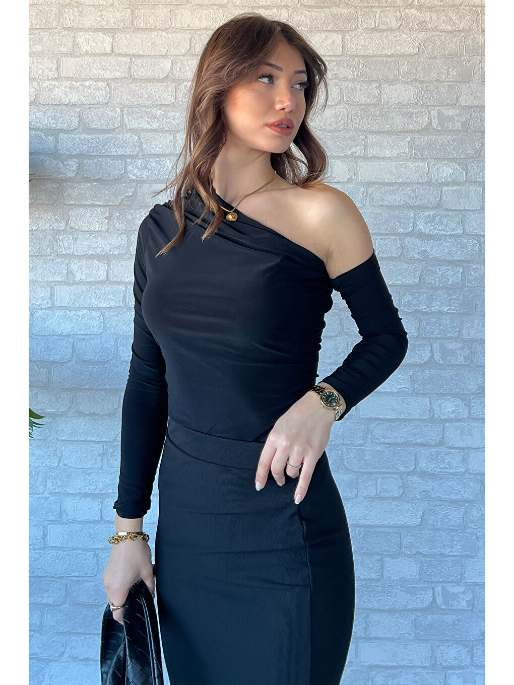 Siyah Kadın Omuz Ve Bel Drapeli Bluz