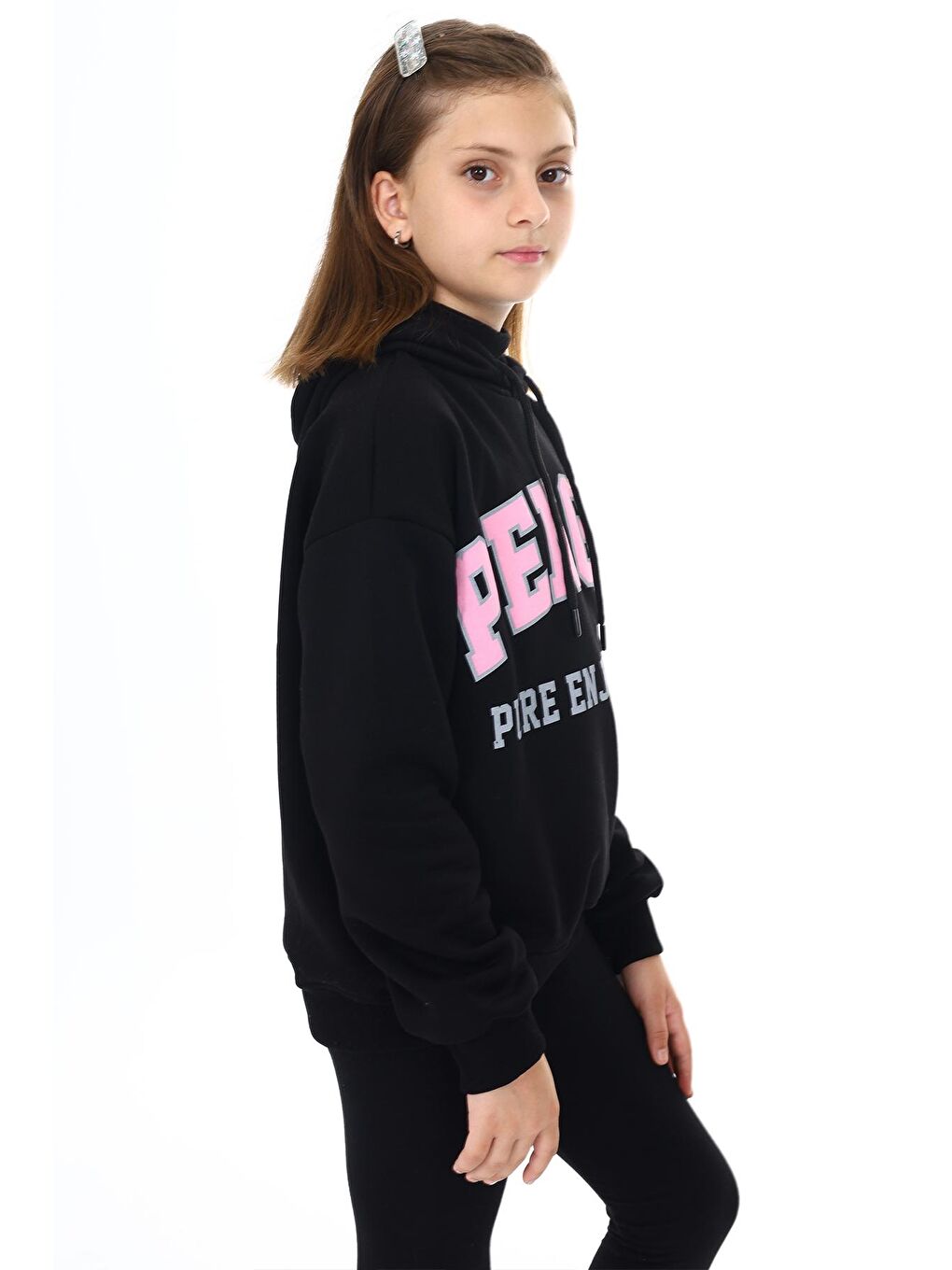 Pengai Siyah Yazı Baskı Polarlı Kız Çocuk Sweatshirt 18328 - 1