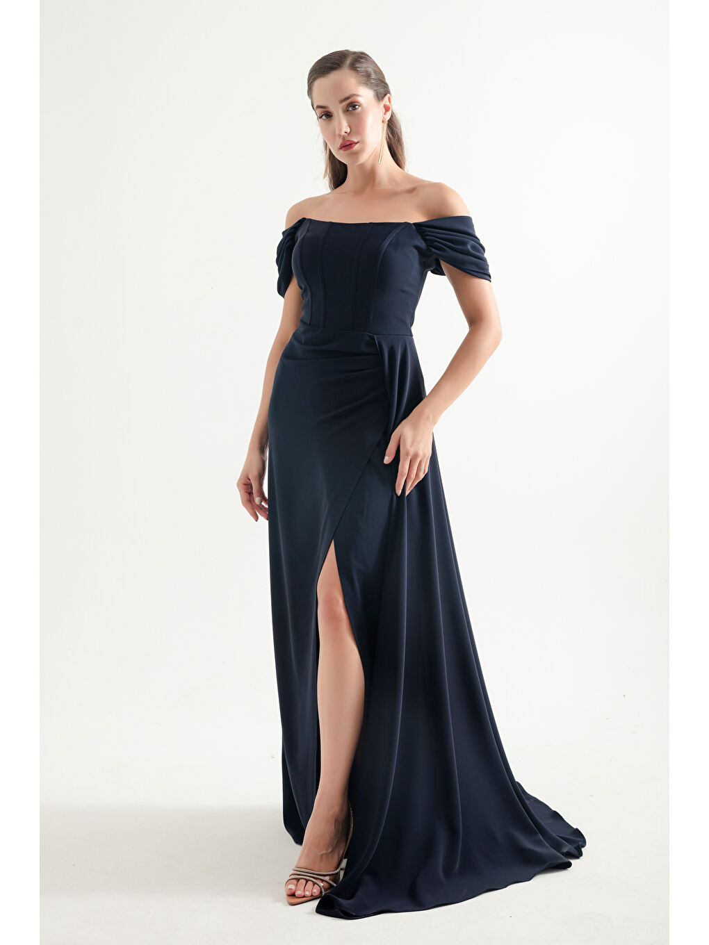 Kadın Lacivert Balen Korse Detaylı Uzun Abiye Elbise