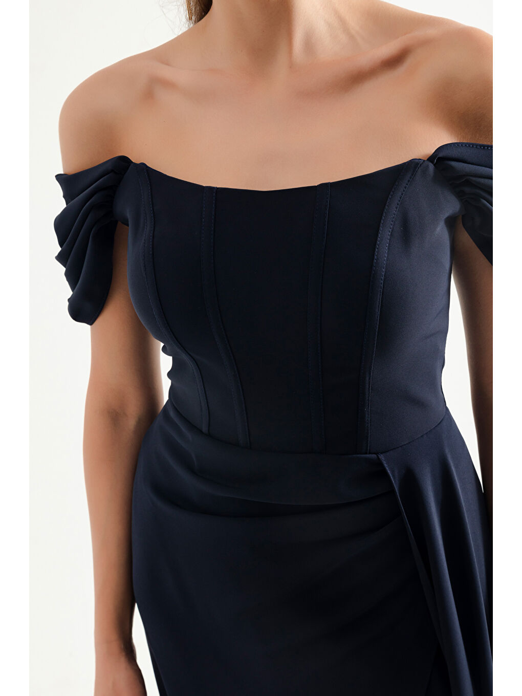 Kadın Lacivert Balen Korse Detaylı Uzun Abiye Elbise-1