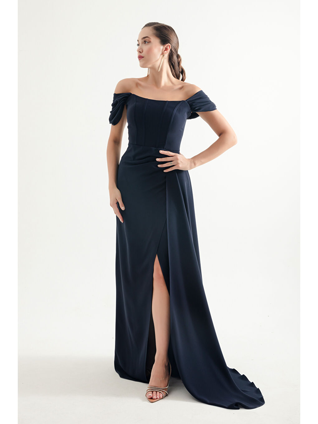 Kadın Lacivert Balen Korse Detaylı Uzun Abiye Elbise-2