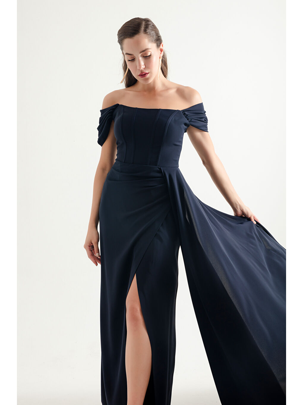 Kadın Lacivert Balen Korse Detaylı Uzun Abiye Elbise-3