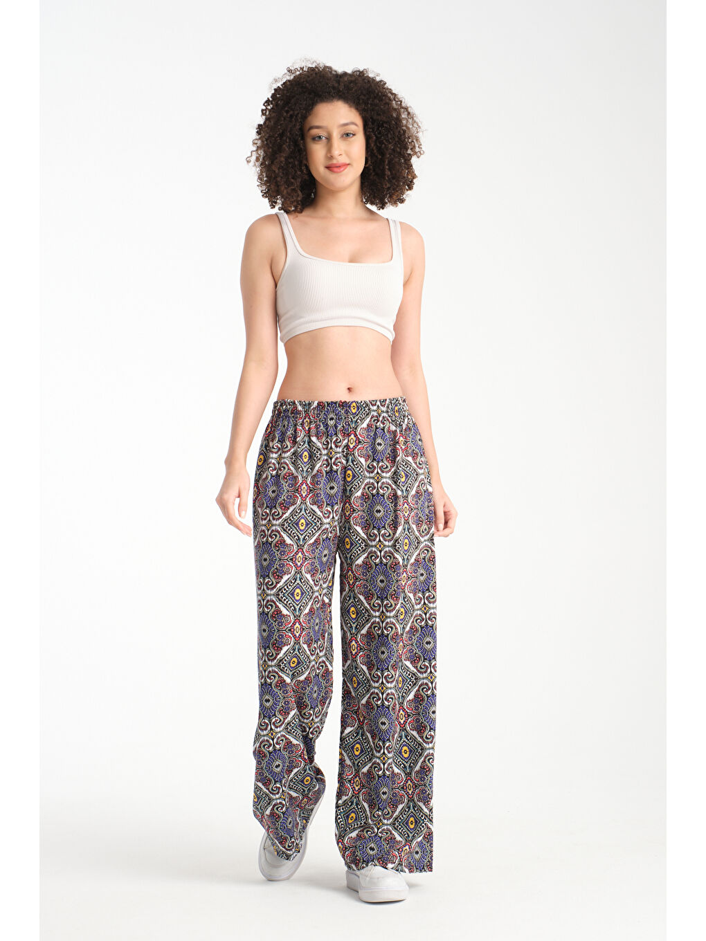 Mor Kadın Desenli Dökümlü Viskon Pantolon 1063-1