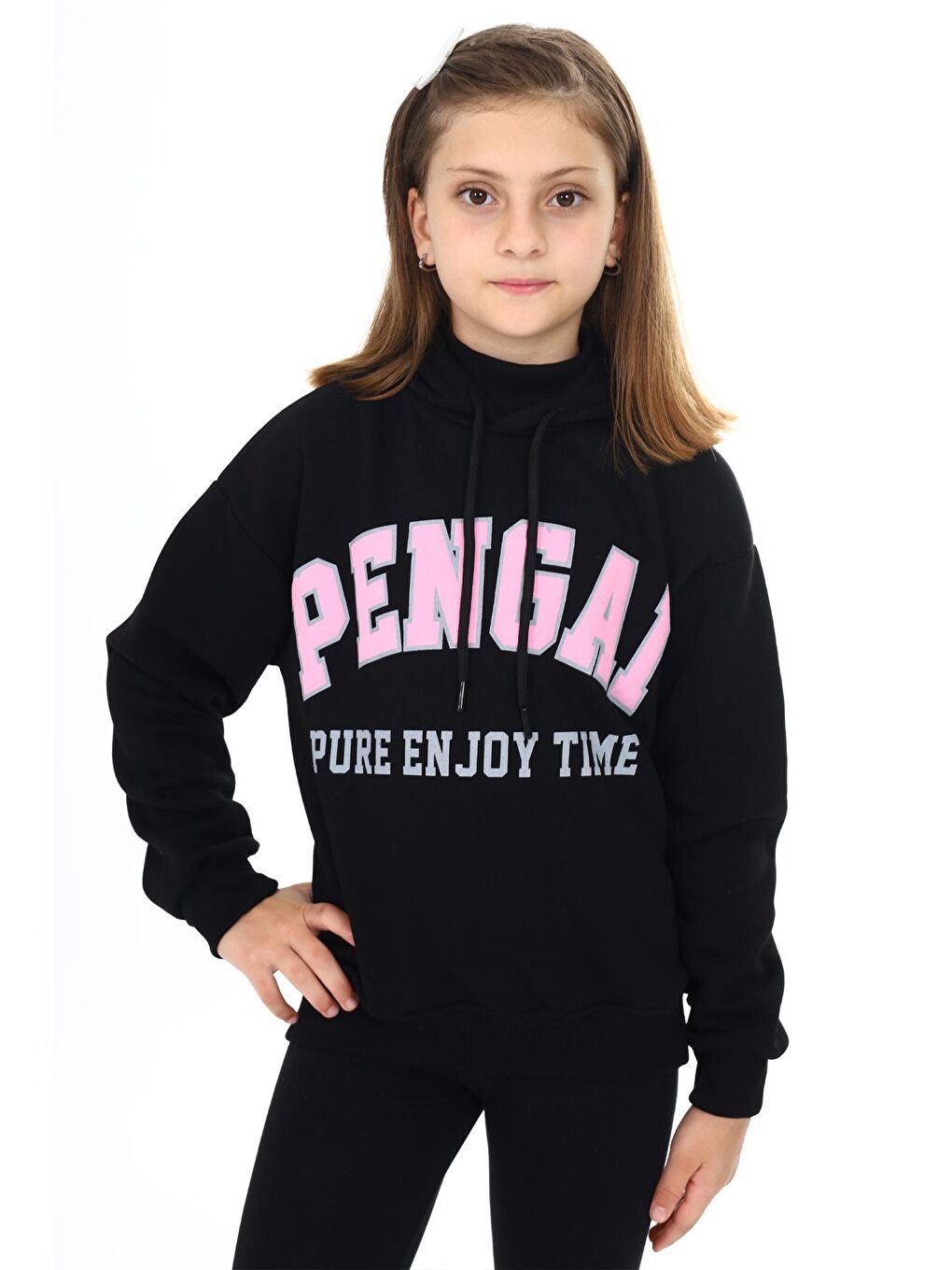 Pengai Siyah Yazı Baskı Polarlı Kız Çocuk Sweatshirt 18328 - 2