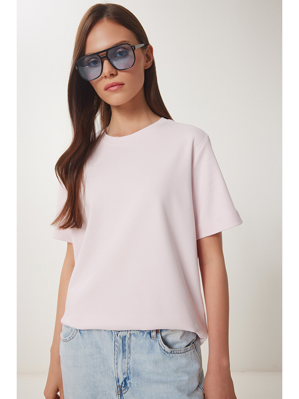 Basic Pamuklu Örme T-shirt Pembe Lus0094