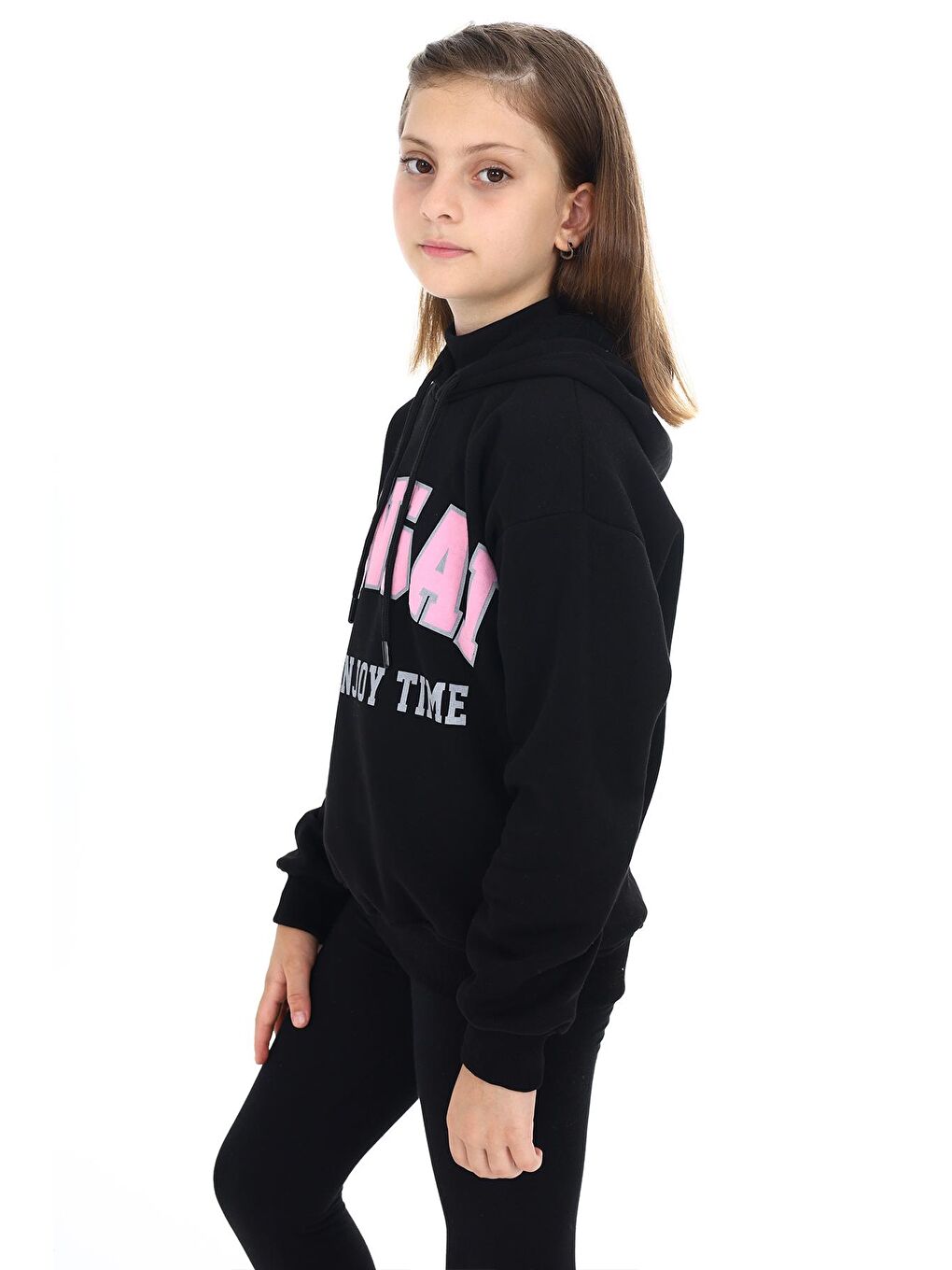 Pengai Siyah Yazı Baskı Polarlı Kız Çocuk Sweatshirt 18328 - 3