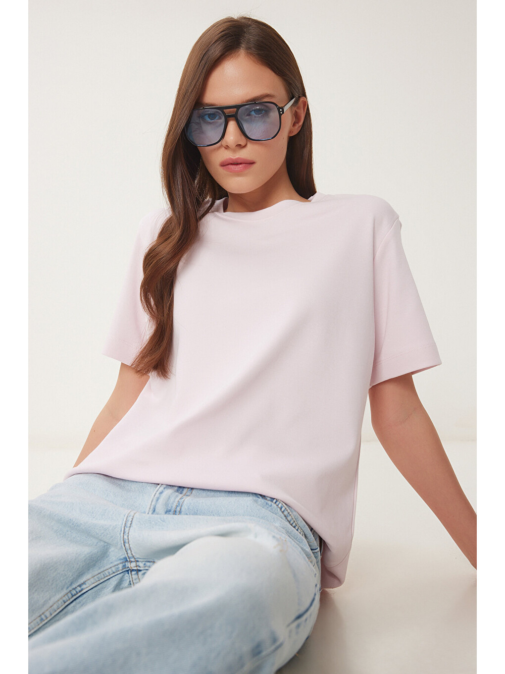 Basic Pamuklu Örme T-shirt Pembe Lus0094-1