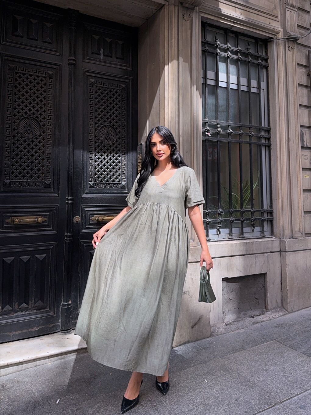 V Yaka Double Kol Siyah Salaş Elbise Haki-2