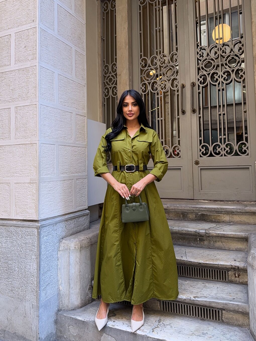 Çift Cep Detay Gömlek Elbise Yeşil-1