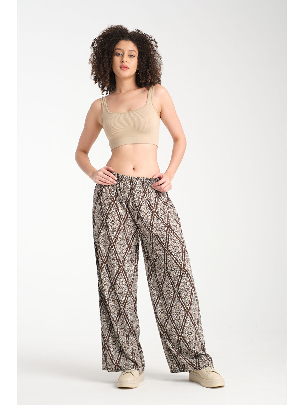 Kahverengi Kadın Desenli Dökümlü Viskon Pantolon 1064-4