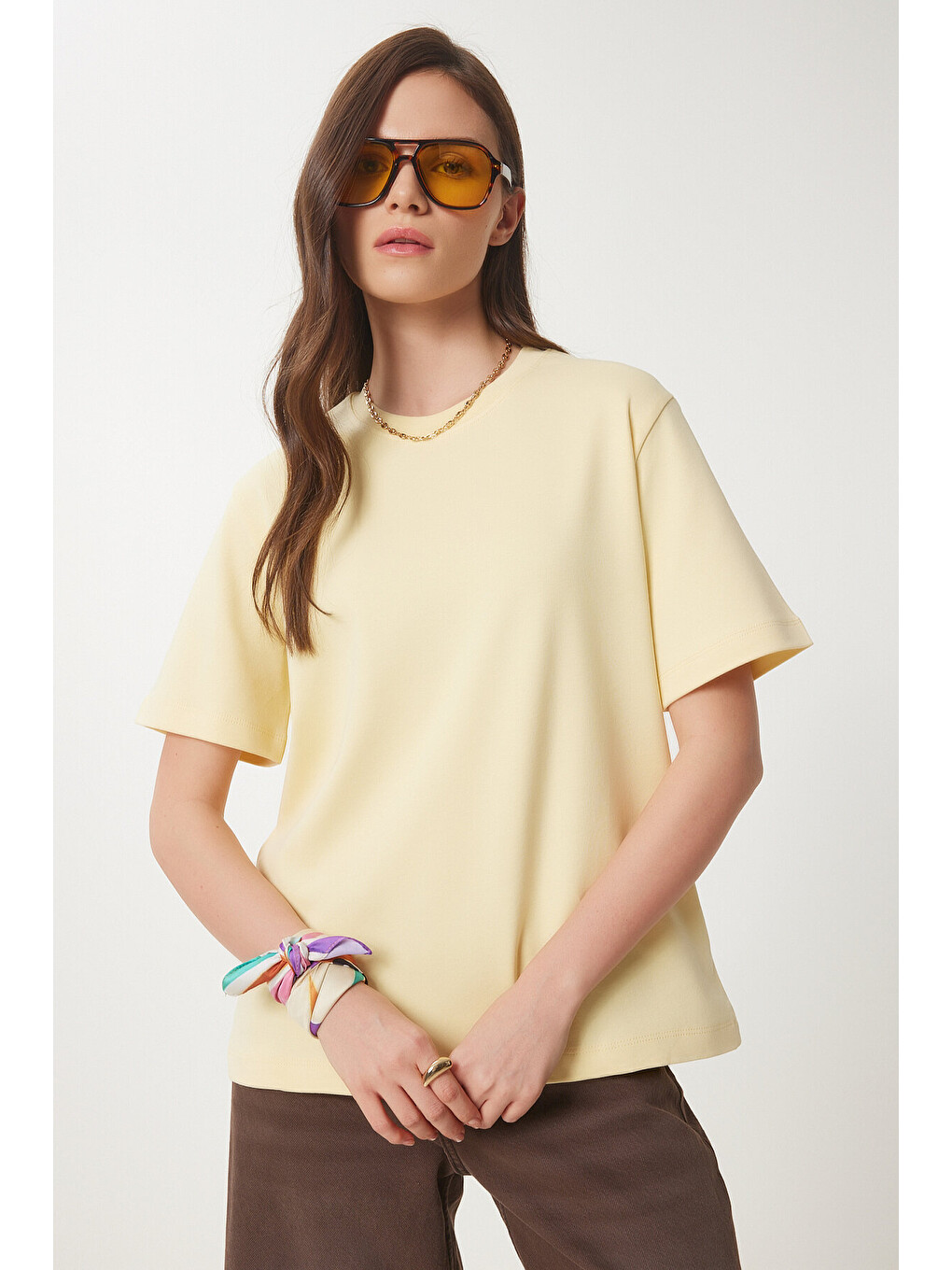 Basic Pamuklu Örme T-shirt Sarı Lus0094