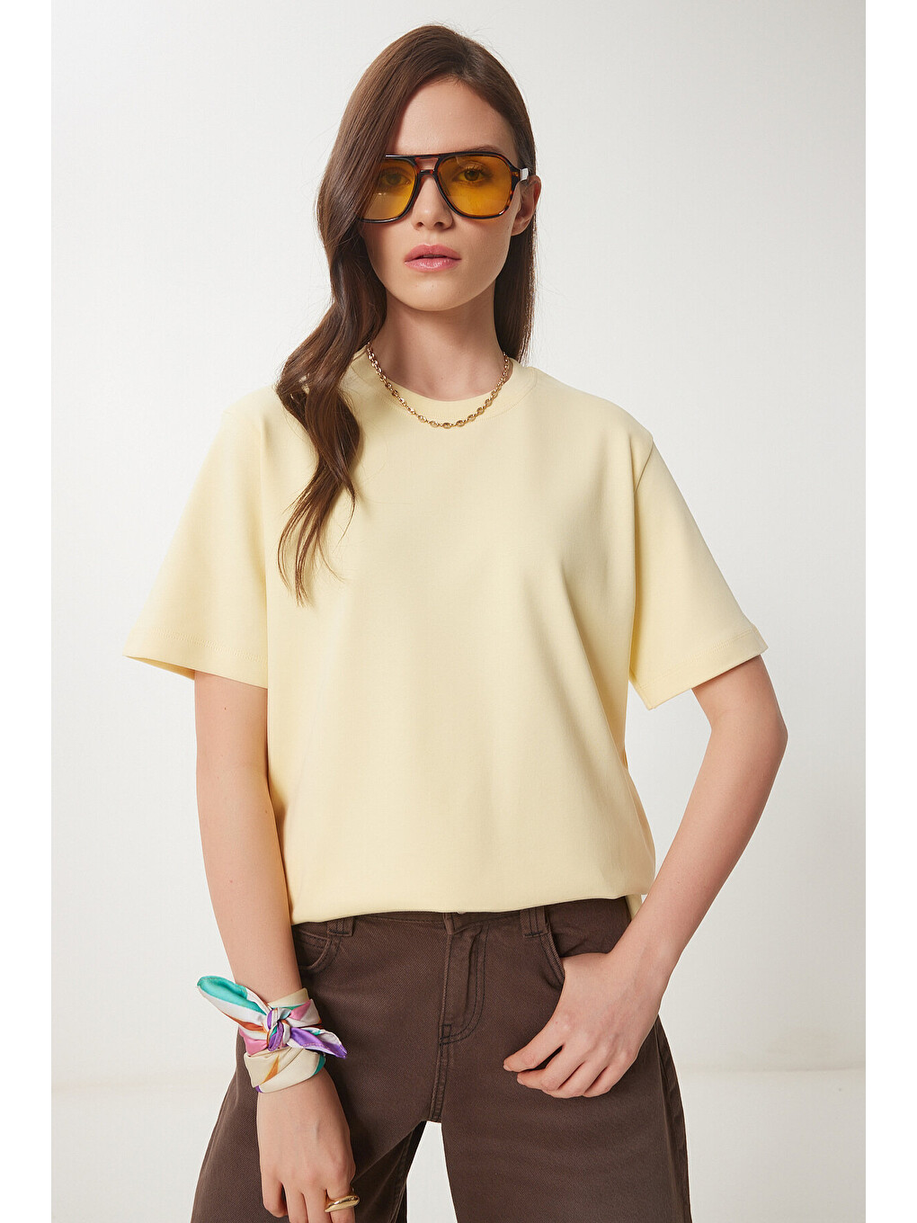 Basic Pamuklu Örme T-shirt Sarı Lus0094-1