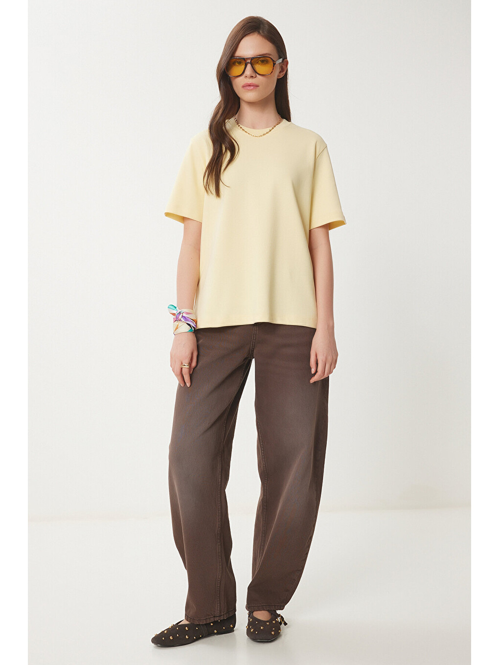 Basic Pamuklu Örme T-shirt Sarı Lus0094-2