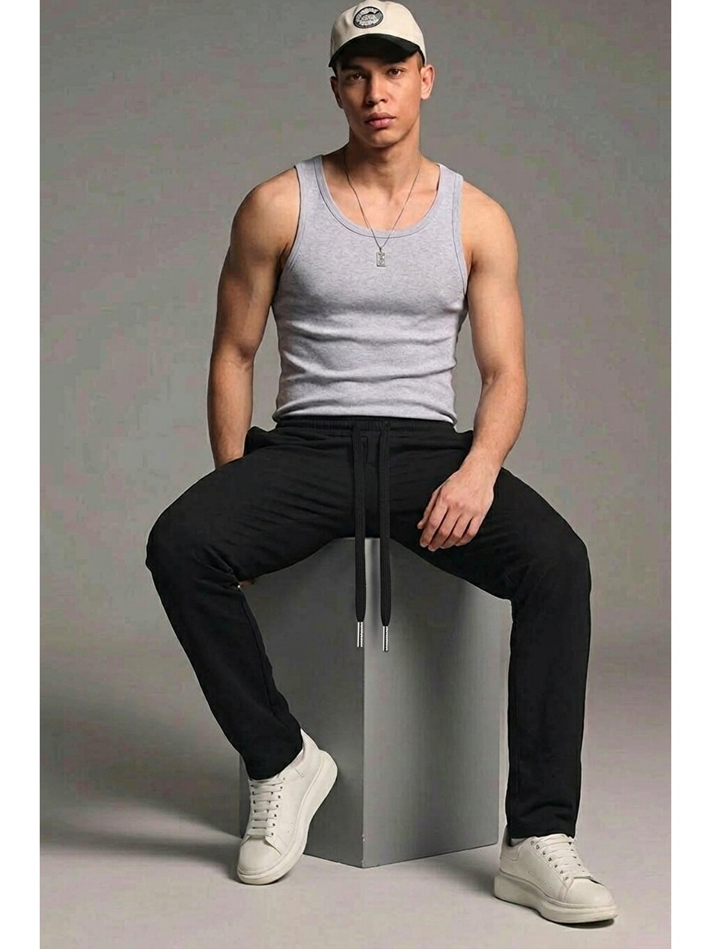 Erkek Esnek Casual Siyah Baggy Pantolon-1
