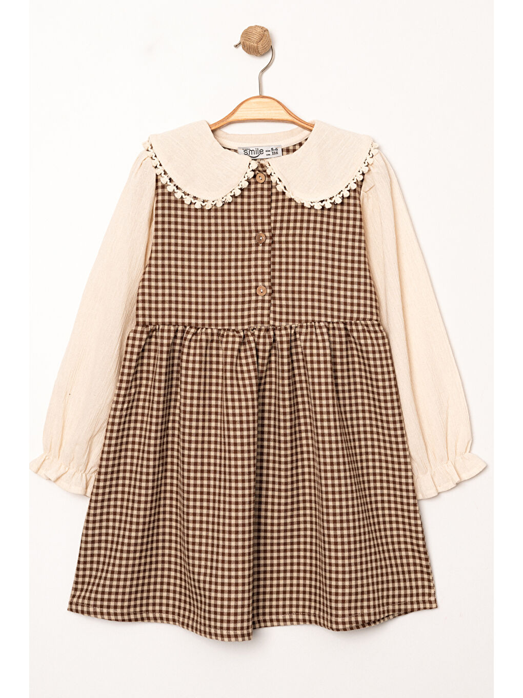 Kahverengi Kız Çocuk Kahve Ekose Yaka Detaylı Düğmeli 3-7 Yaş Elbise 3718-3