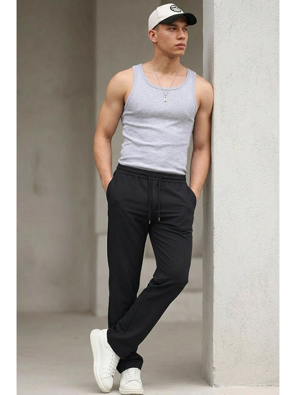 Erkek Esnek Casual Siyah Baggy Pantolon-2