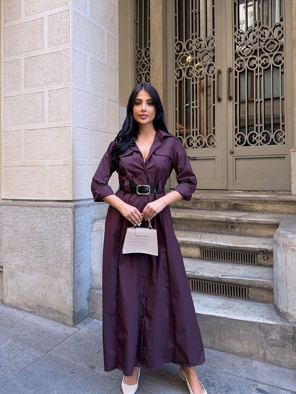 Bordo Çift Cep Detay Gömlek Elbise Mürdüm-2