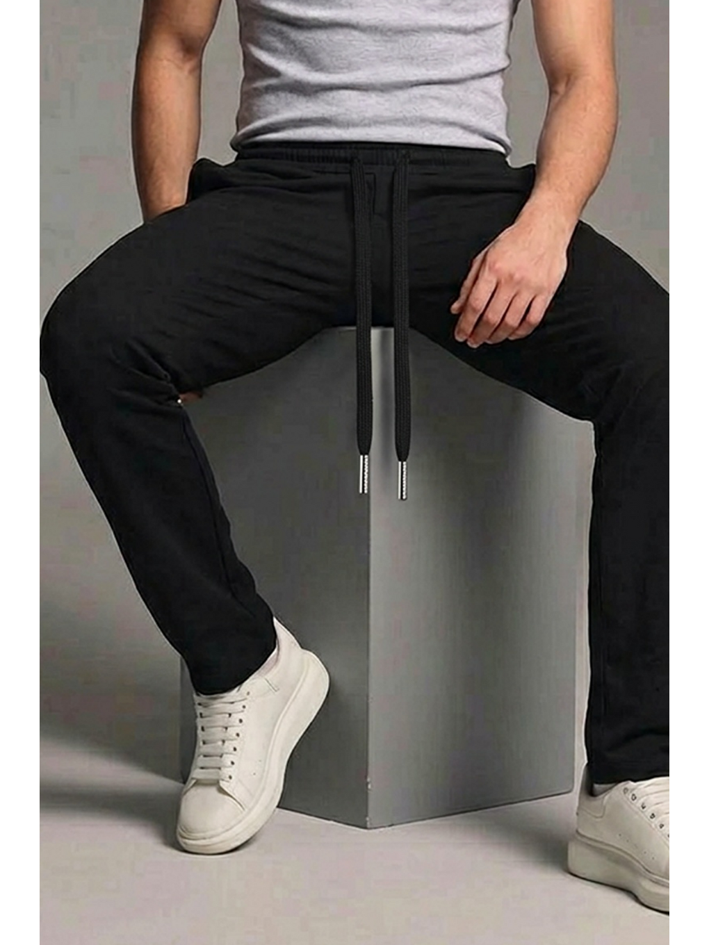 Erkek Esnek Casual Siyah Baggy Pantolon-5
