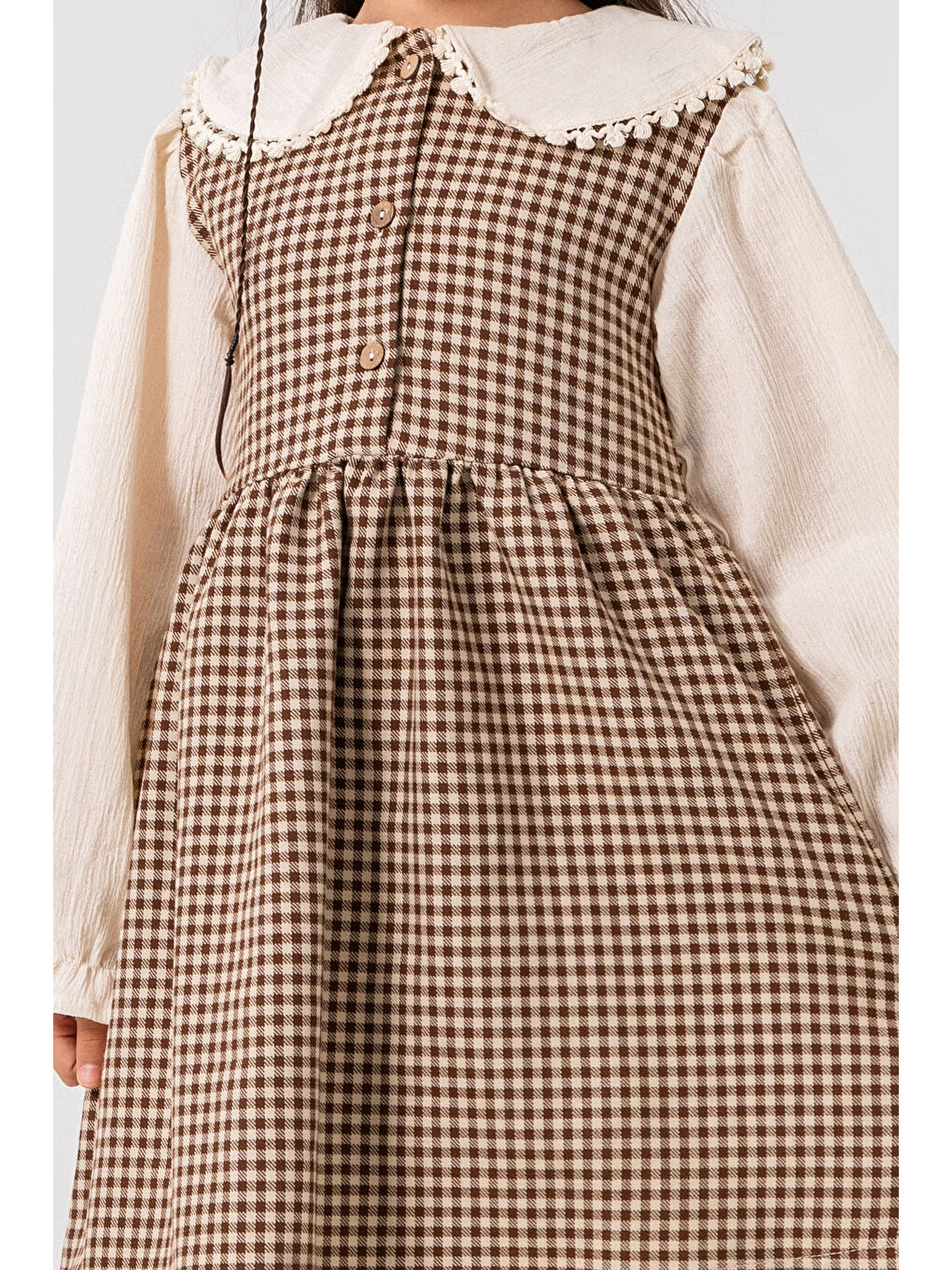Kahverengi Kız Çocuk Kahve Ekose Yaka Detaylı Düğmeli 3-7 Yaş Elbise 3718-3-1