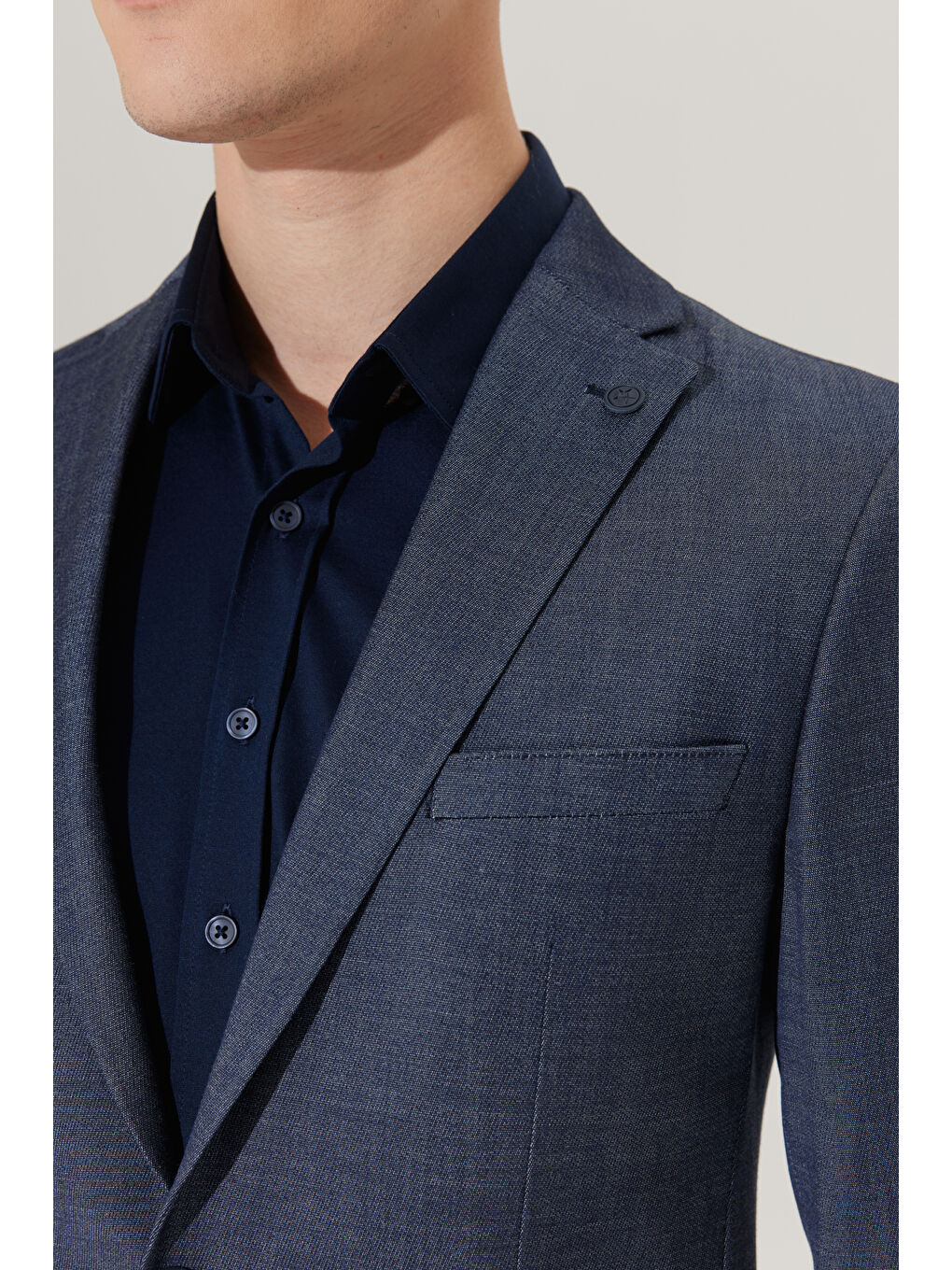 Erkek Lacivert Slim Fit Dar Kesim Mono Yaka Armürlü Takım Elbise-2