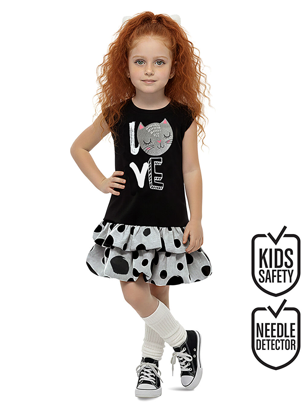 Siyah Puantiye Kedi Kız Çocuk Balon Elbise