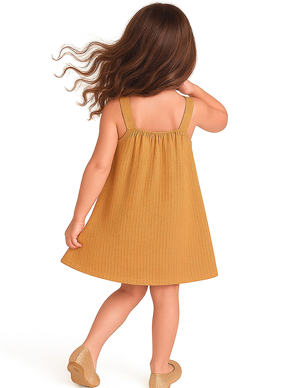 Çiçekli Kol Kız Çocuk Sarı Elbise-1