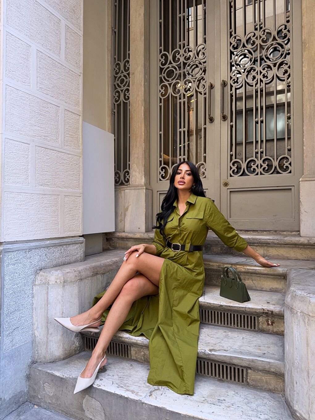 Çift Cep Detay Gömlek Elbise Yeşil-2