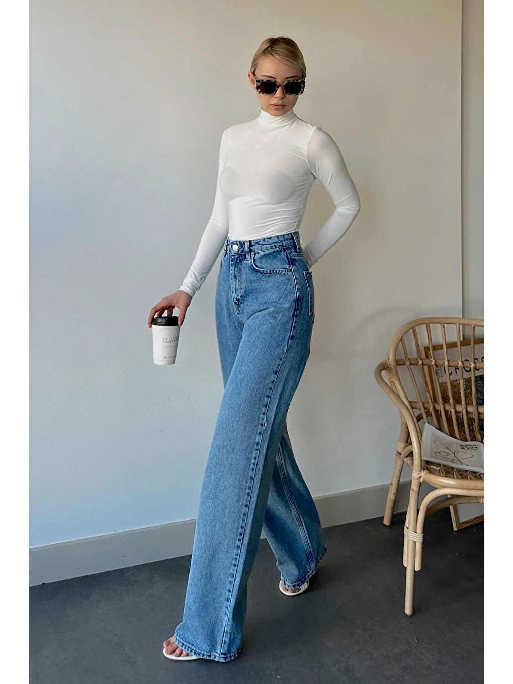 Mavi Yüksek Bel Beş Cepli Palazzo Jean