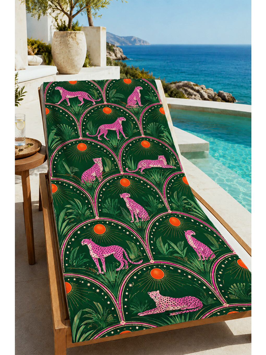 Art Deco Flamingo Koyu Yeşil Desenli 70x150 Plaj Havlusu - Dijital Baskılı Solmaz Banyo Havlusu-1