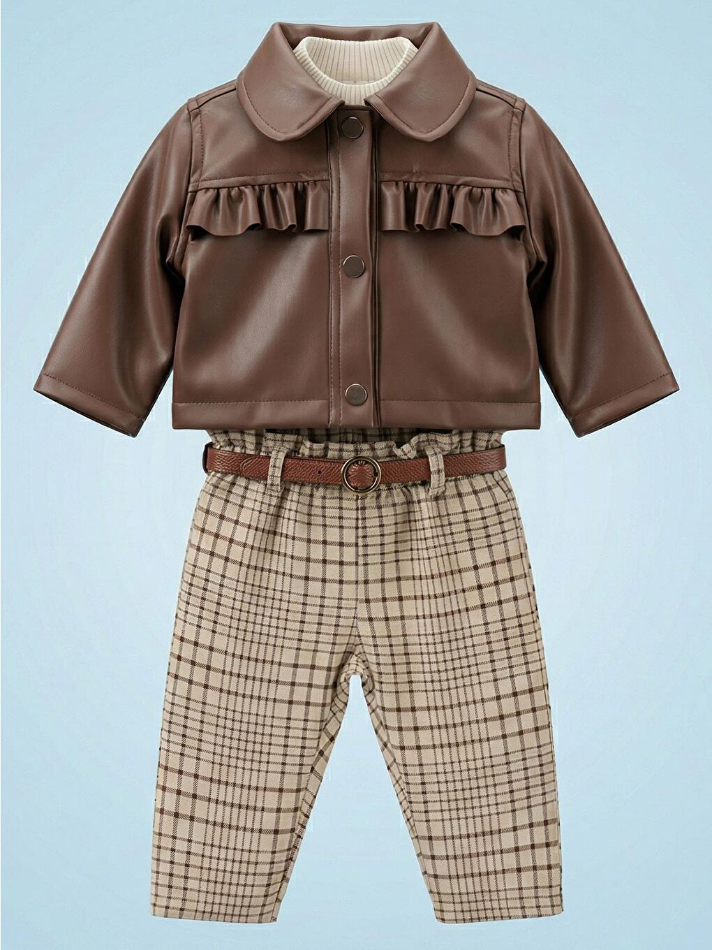 Baby Deri Roba Fırfırlı 6-18 Ay Takım - Kahverengi 6-9 Ay-4