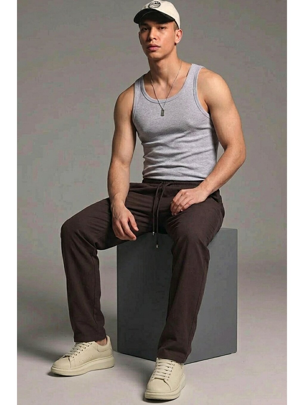 Kahverengi Erkek Esnek Casual Kahve Baggy Pantolon-1