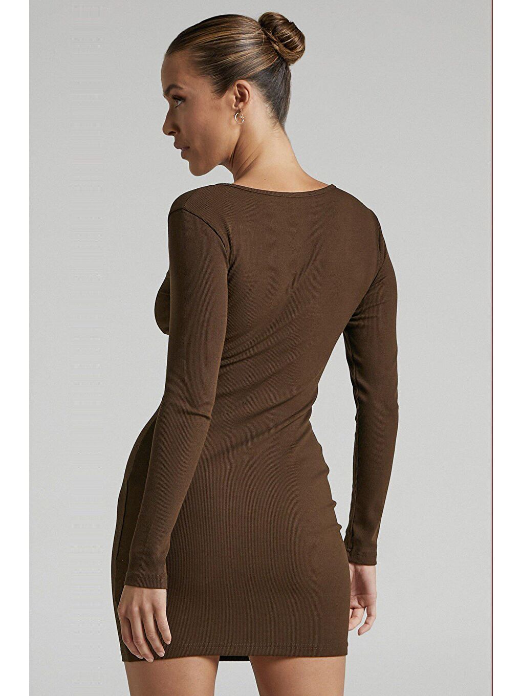 Kahverengi Uzun Kollu Basic Mini Kadın Elbise Mg1700-5