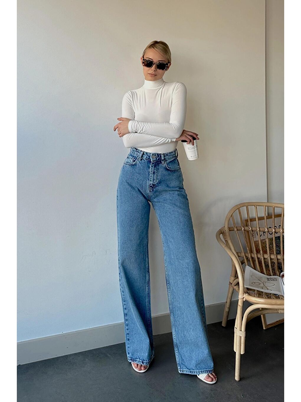 Mavi Yüksek Bel Beş Cepli Palazzo Jean-2