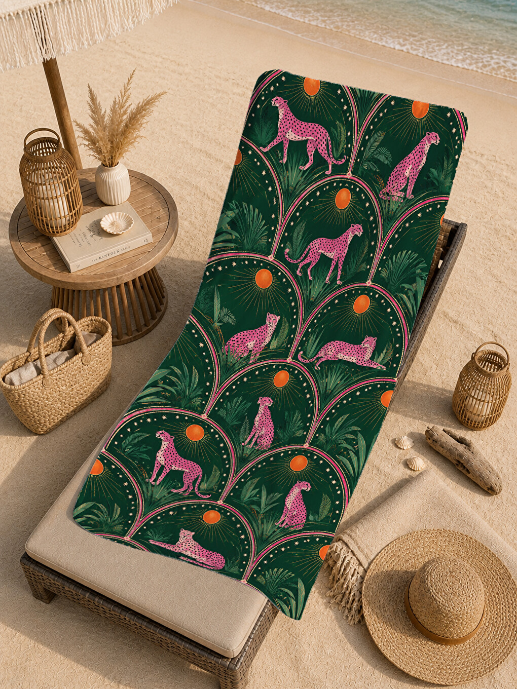 Art Deco Flamingo Koyu Yeşil Desenli 70x150 Plaj Havlusu - Dijital Baskılı Solmaz Banyo Havlusu-3