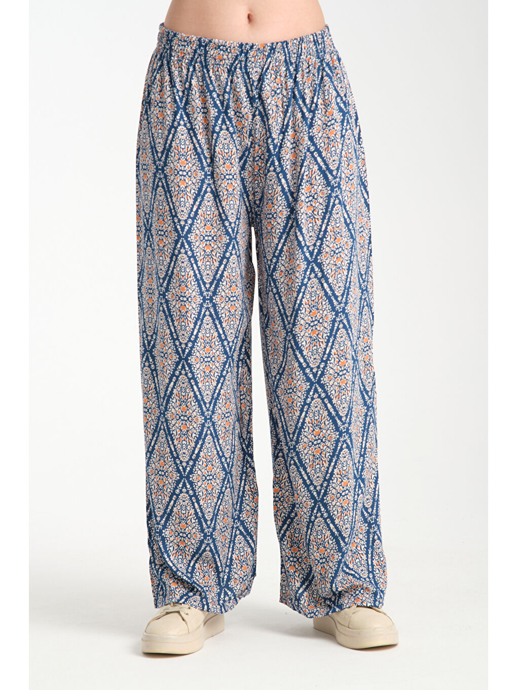Petrol Kadın Desenli Dökümlü Viskon Pantolon 1064