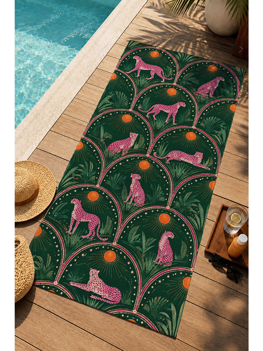 Art Deco Flamingo Koyu Yeşil Desenli 70x150 Plaj Havlusu - Dijital Baskılı Solmaz Banyo Havlusu-4
