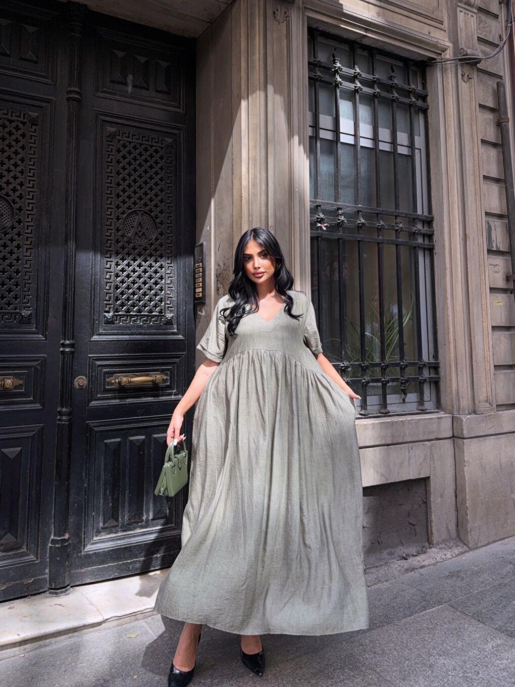 V Yaka Double Kol Siyah Salaş Elbise Haki-4